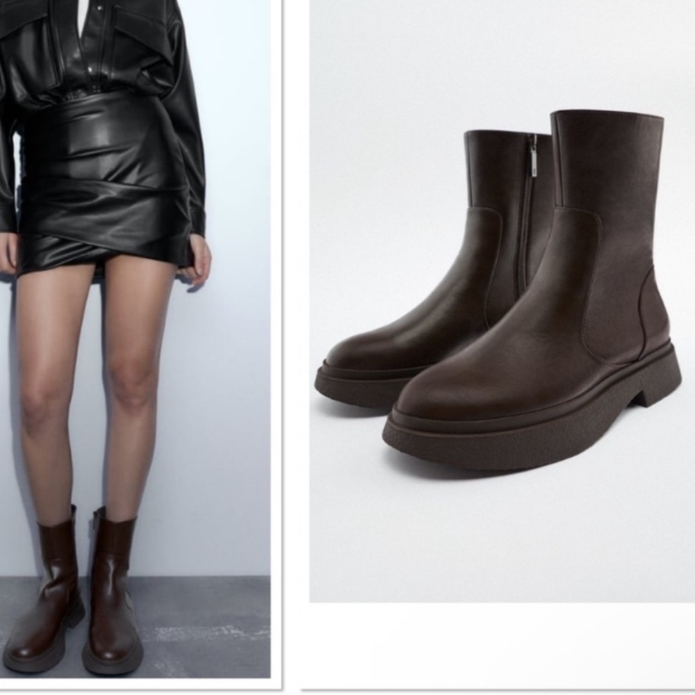 Zara Chocolate Brown Round Toe Leather Ankle Boots size 35